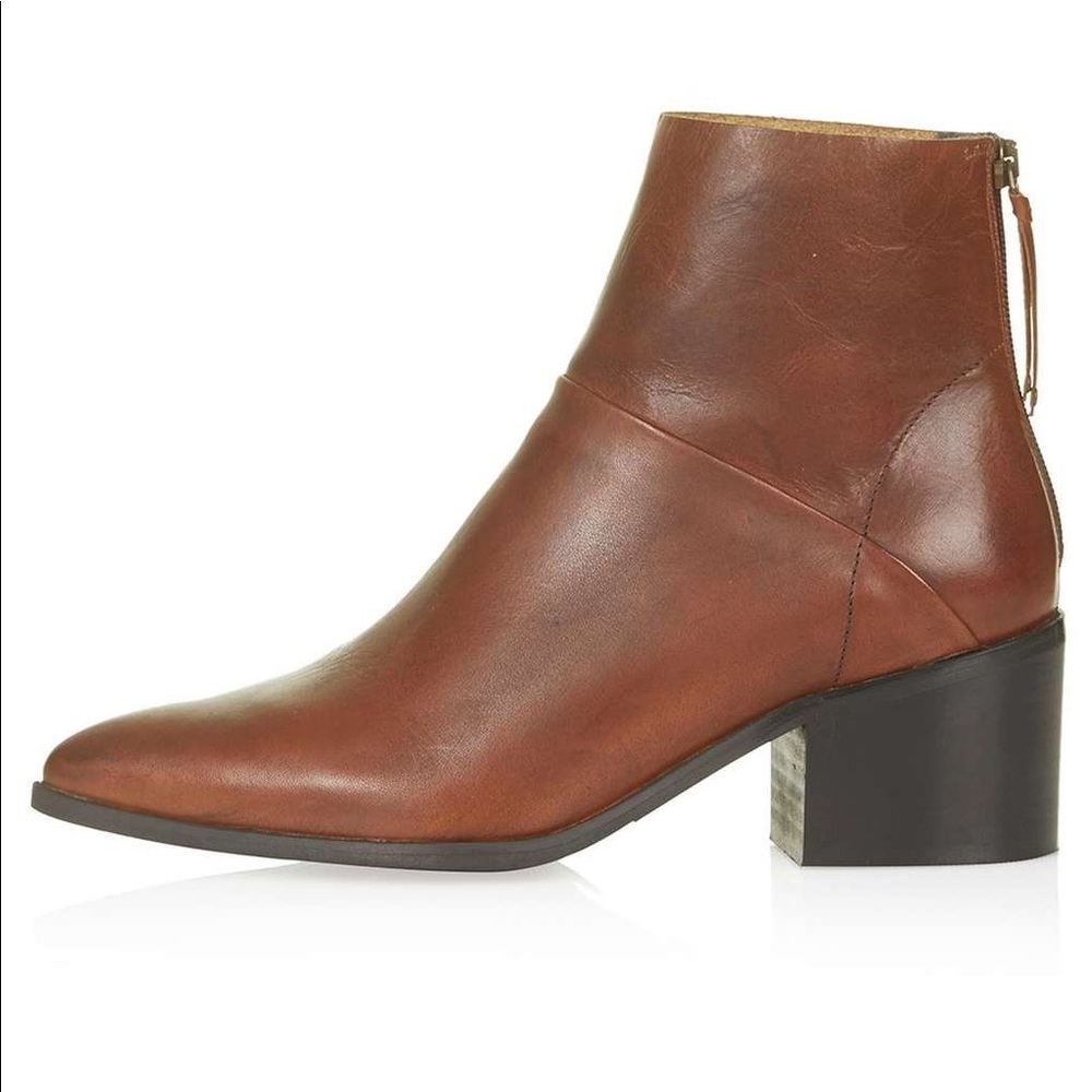 Topshop Brown Leather Block Heel Ankle Boots